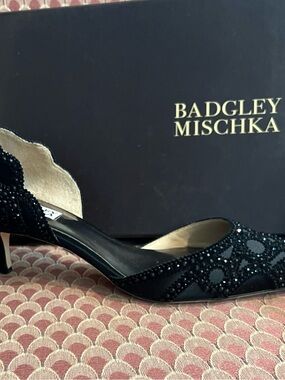 Badgley Mischka Black Beaded D'Orsay Kitten Heel